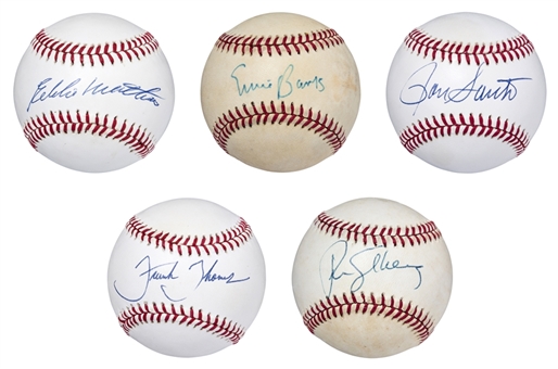 Lot of (5) Hall of Fame Infielders Single Signed Baseballs: Sandberg, Banks, Santo, Mathews & Thomas (Beckett)